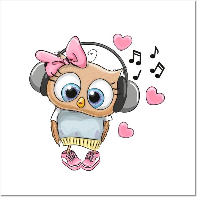 Cute owl girl with headphones Wall Art by Reginast777